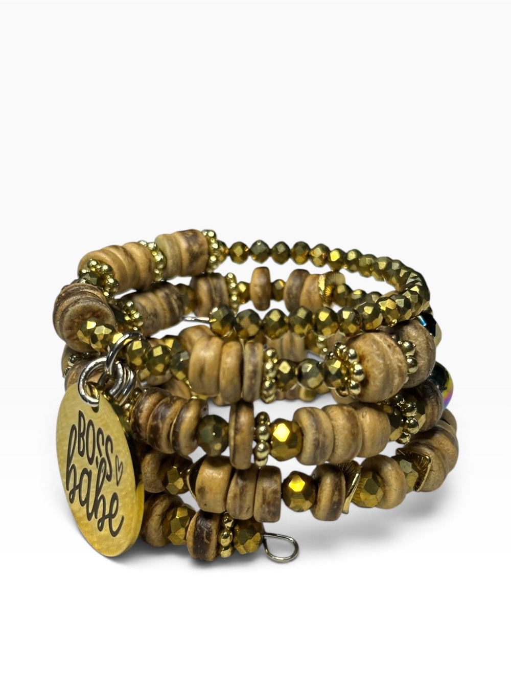 Handcrafted Wood & Gold Memory Wire Wrap Bracelet Boss Babe Charm - Picture 6 of 8
